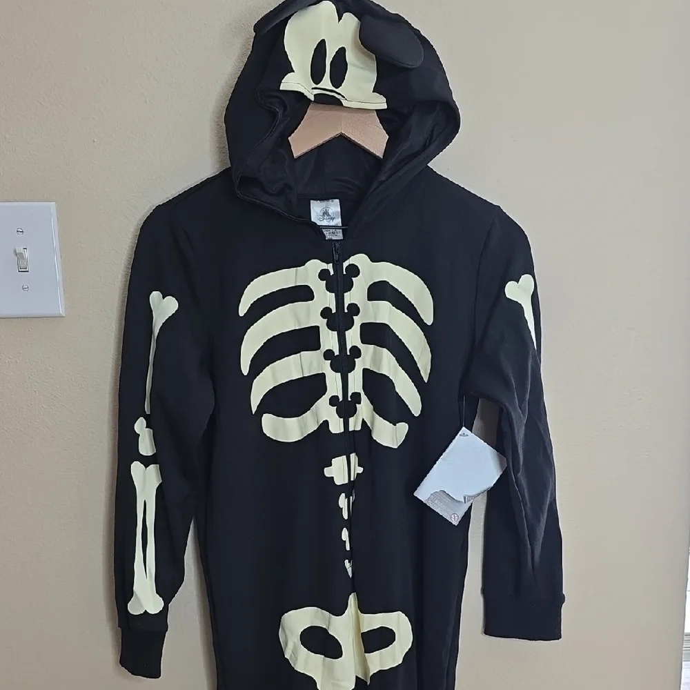 Disney Mickey Mouse Skeleton Glow Jumpsuit Black Unisex Youth Size 9 Halloween